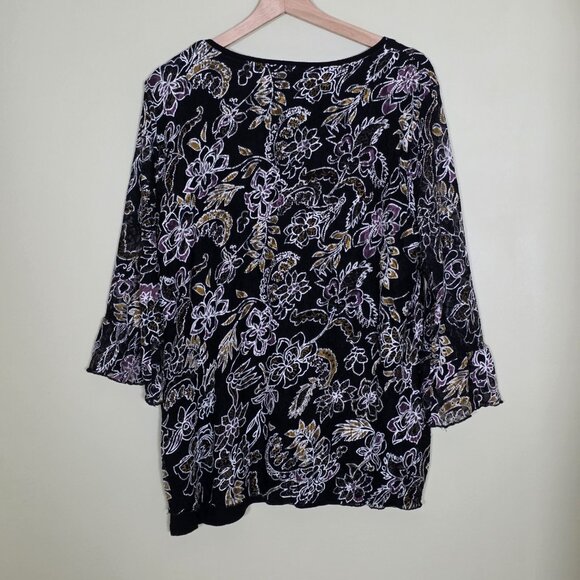 Canda C&A Top Womens L Black Floral Lined 3/4 Sheer Sleeves Lagenlook Whimsigoth - Picture 2 of 15